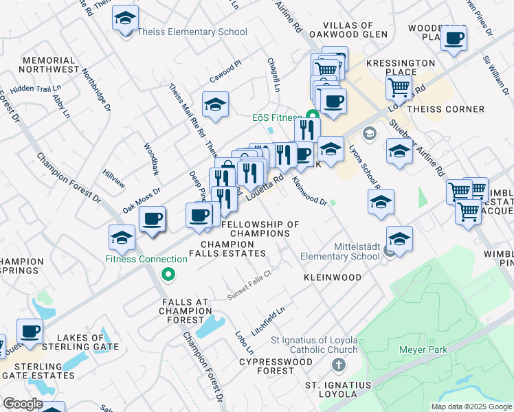 map of restaurants, bars, coffee shops, grocery stores, and more near 7801 Louetta Road in Spring