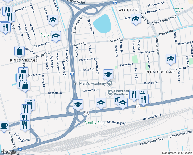 map of restaurants, bars, coffee shops, grocery stores, and more near 4529 America Street in New Orleans