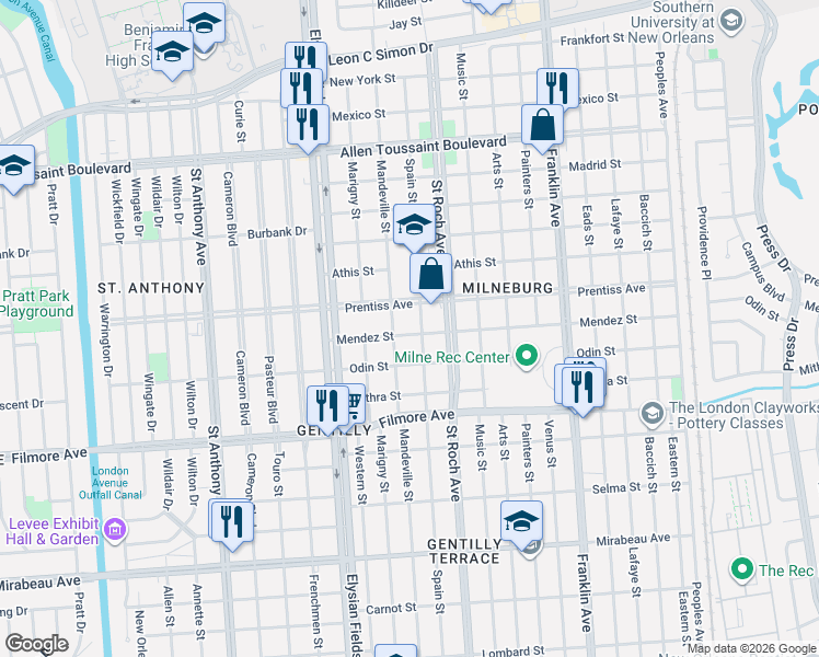 map of restaurants, bars, coffee shops, grocery stores, and more near 5627 Spain Street in New Orleans