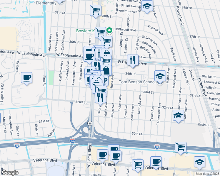 map of restaurants, bars, coffee shops, grocery stores, and more near 3311 Hans Avenue in Kenner