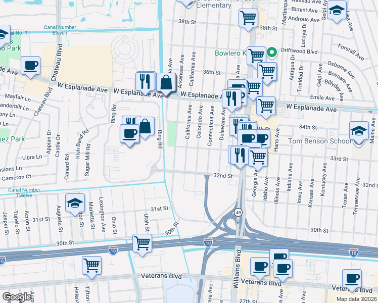 map of restaurants, bars, coffee shops, grocery stores, and more near 3310 California Avenue in Kenner