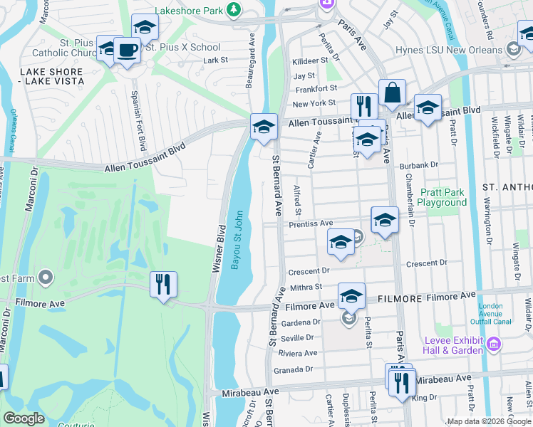 map of restaurants, bars, coffee shops, grocery stores, and more near 5800 Saint Bernard Avenue in New Orleans