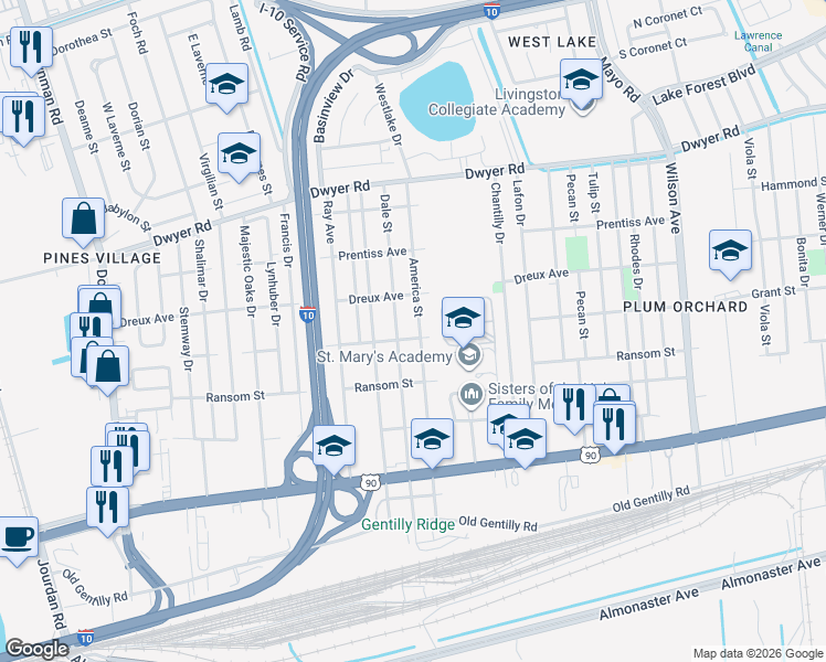 map of restaurants, bars, coffee shops, grocery stores, and more near 4529 America Street in New Orleans