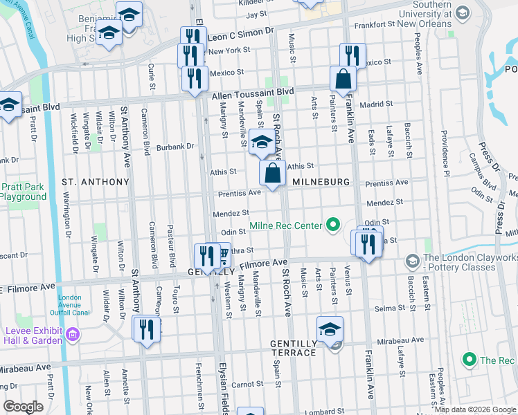 map of restaurants, bars, coffee shops, grocery stores, and more near 5627 Spain Street in New Orleans