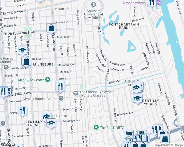 map of restaurants, bars, coffee shops, grocery stores, and more near 5564 Saint Ferdinand Drive in New Orleans