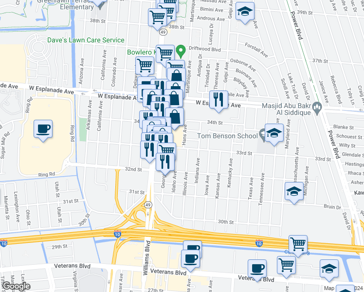 map of restaurants, bars, coffee shops, grocery stores, and more near 3311 Hans Avenue in Kenner