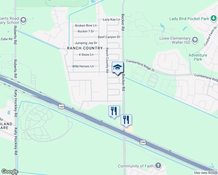 map of restaurants, bars, coffee shops, grocery stores, and more near 17151 Ranch Country Road in Hockley