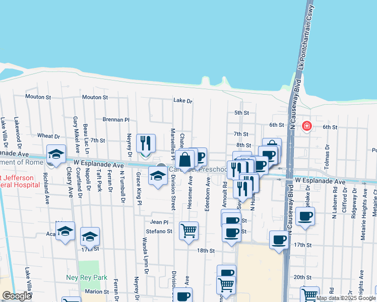map of restaurants, bars, coffee shops, grocery stores, and more near 4532 Hessmer Avenue in Metairie