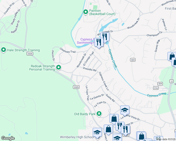 map of restaurants, bars, coffee shops, grocery stores, and more near 29 El Conejo Trail in Wimberley