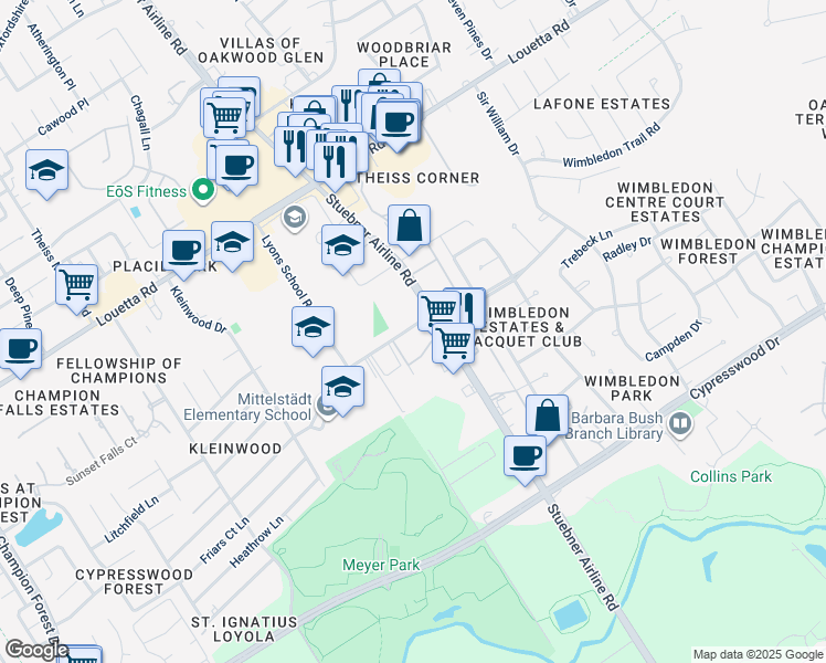 map of restaurants, bars, coffee shops, grocery stores, and more near 412 Lyons Court Road in Spring