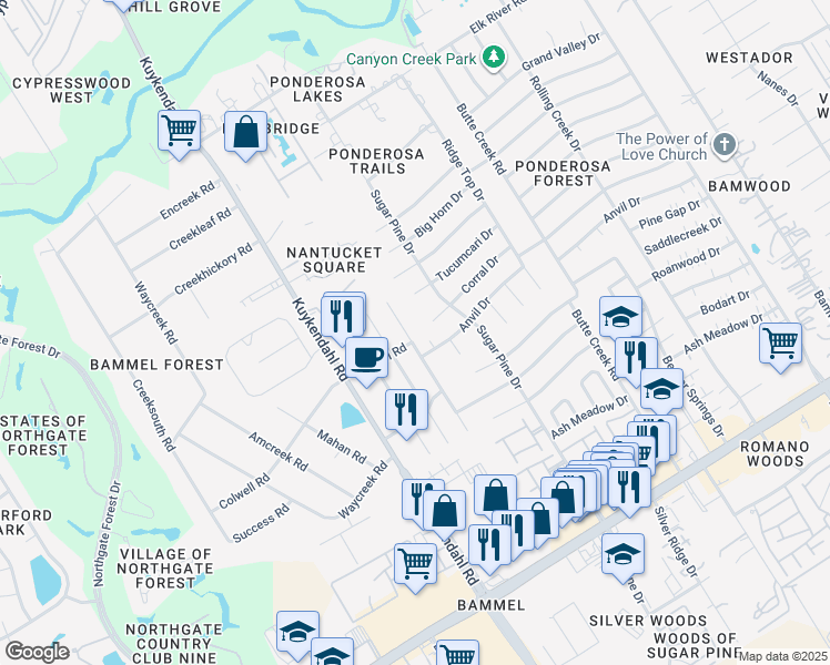 map of restaurants, bars, coffee shops, grocery stores, and more near 2018 Corral Drive in Houston