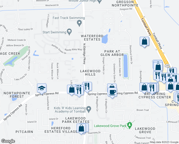 map of restaurants, bars, coffee shops, grocery stores, and more near 17322 Pikes Peek Court in Tomball