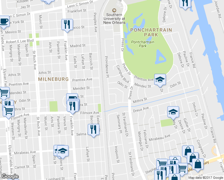 map of restaurants, bars, coffee shops, grocery stores, and more near 5564 Saint Ferdinand Drive in New Orleans