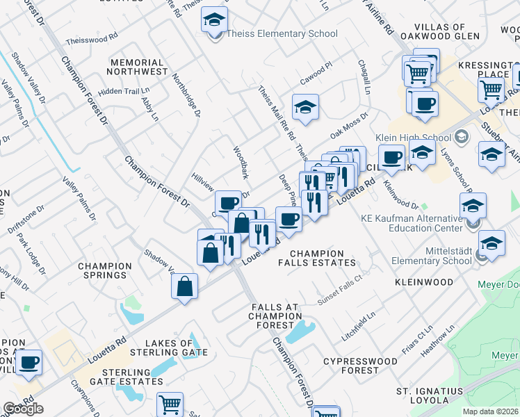 map of restaurants, bars, coffee shops, grocery stores, and more near 8019 Twining Oaks Lane in Spring