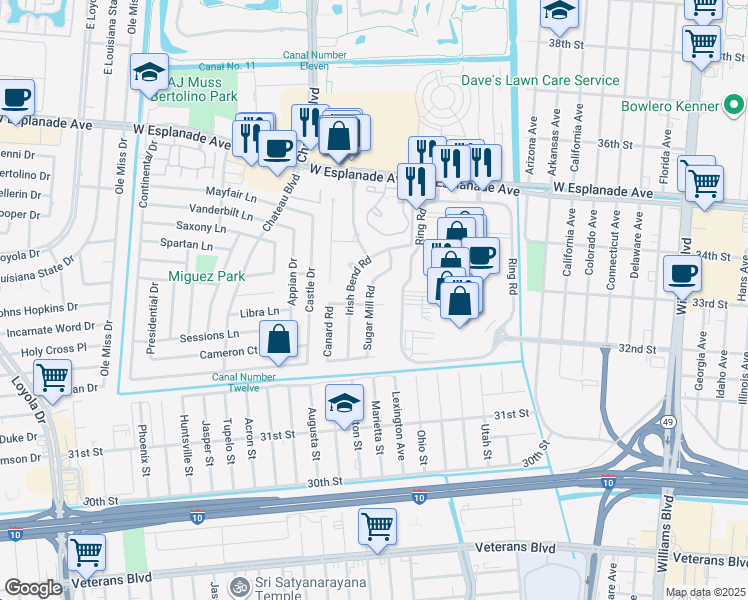 map of restaurants, bars, coffee shops, grocery stores, and more near 3312 Irish Bend Road in Kenner