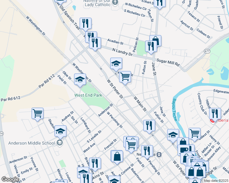 map of restaurants, bars, coffee shops, grocery stores, and more near 205 Armand Street in New Iberia