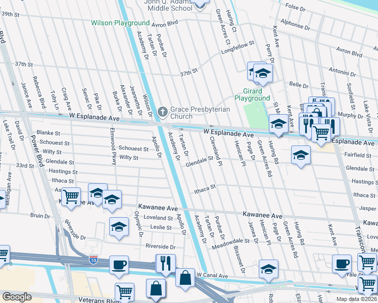 map of restaurants, bars, coffee shops, grocery stores, and more near 4312 Tartan Drive in Metairie