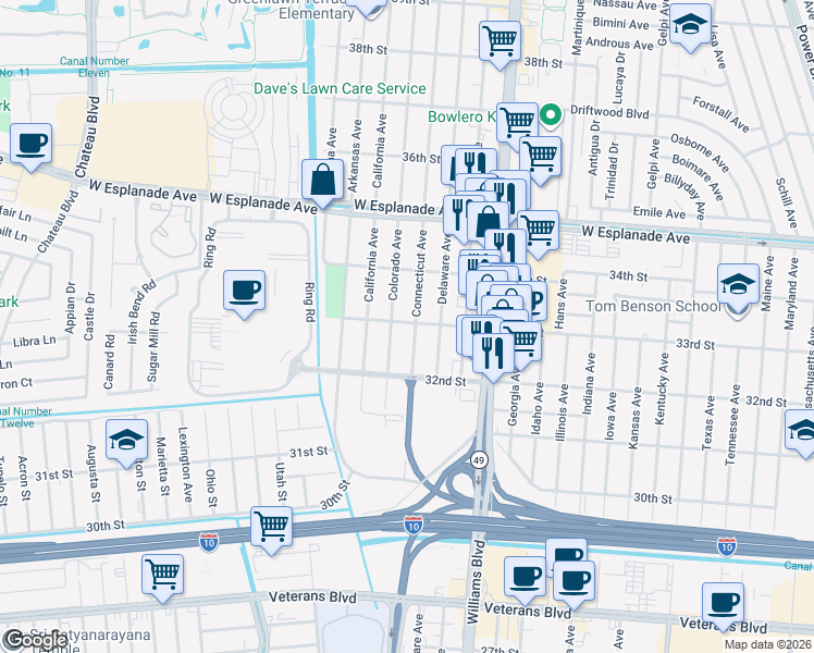 map of restaurants, bars, coffee shops, grocery stores, and more near 3303 Connecticut Avenue in Kenner