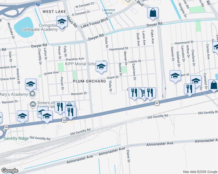 map of restaurants, bars, coffee shops, grocery stores, and more near 4548 Francisco Verrette Drive in New Orleans