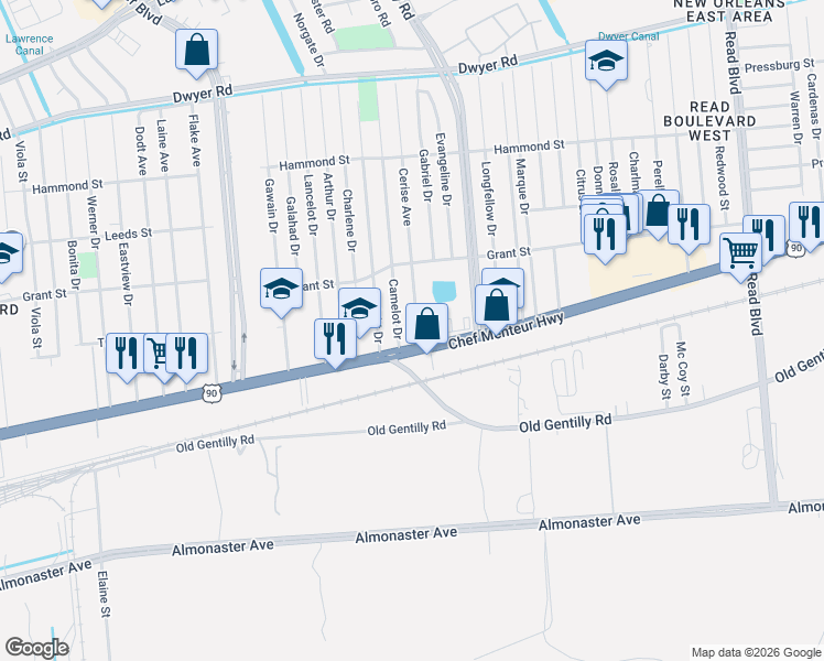 map of restaurants, bars, coffee shops, grocery stores, and more near 4442 Camelot Drive in New Orleans