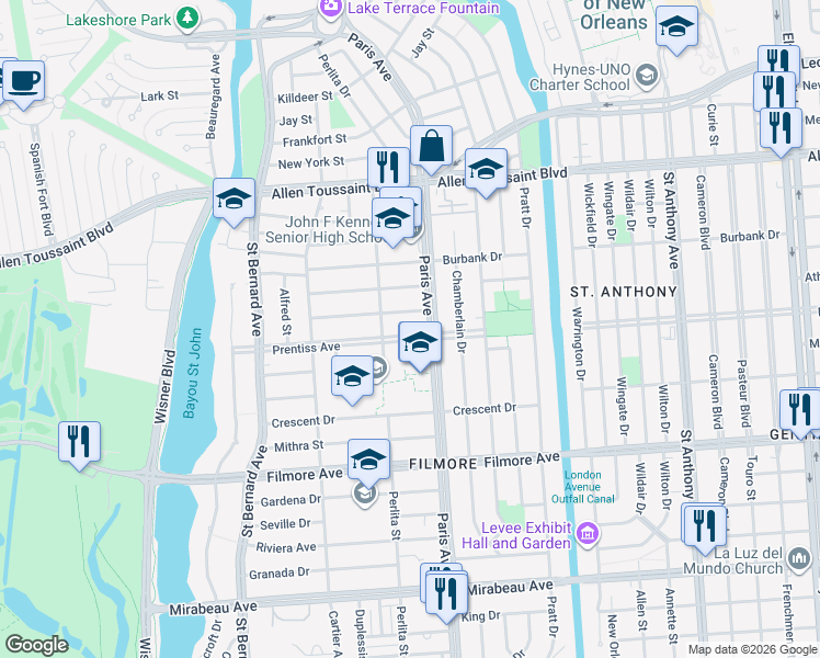 map of restaurants, bars, coffee shops, grocery stores, and more near 1528 Athis Street in New Orleans