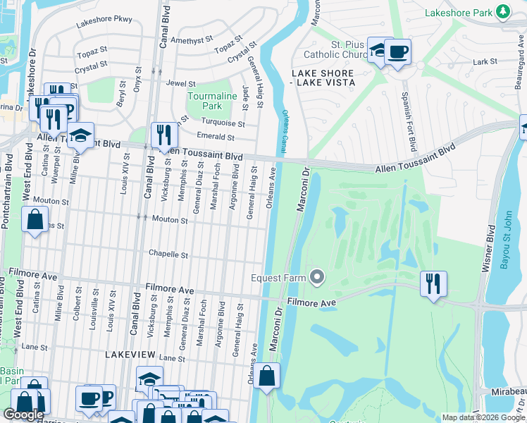 map of restaurants, bars, coffee shops, grocery stores, and more near 6968 Orleans Avenue in New Orleans