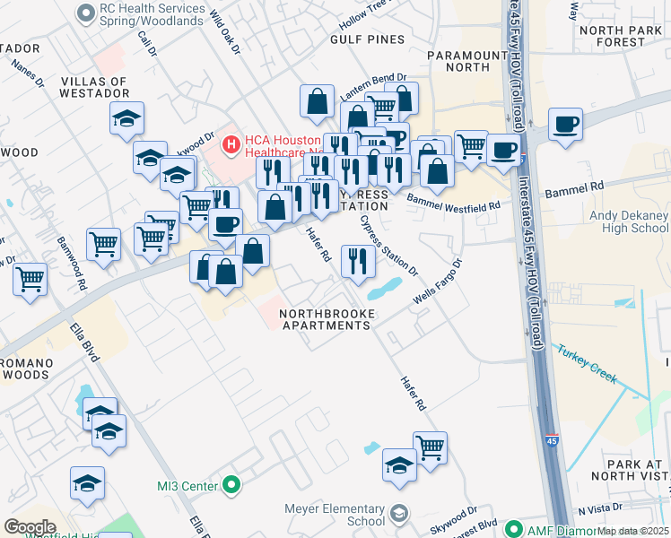 map of restaurants, bars, coffee shops, grocery stores, and more near 609 Cypress Creek Parkway in Houston