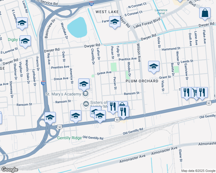 map of restaurants, bars, coffee shops, grocery stores, and more near 7103 Selma Street in New Orleans