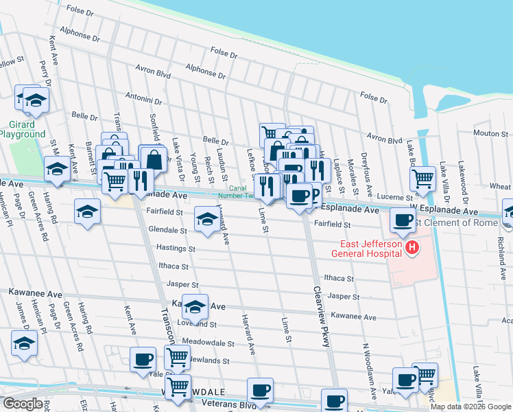 map of restaurants, bars, coffee shops, grocery stores, and more near 4708 West Esplanade Avenue in Metairie