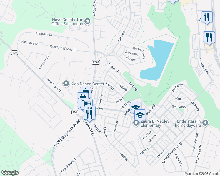 map of restaurants, bars, coffee shops, grocery stores, and more near 5801 Fergus in Kyle