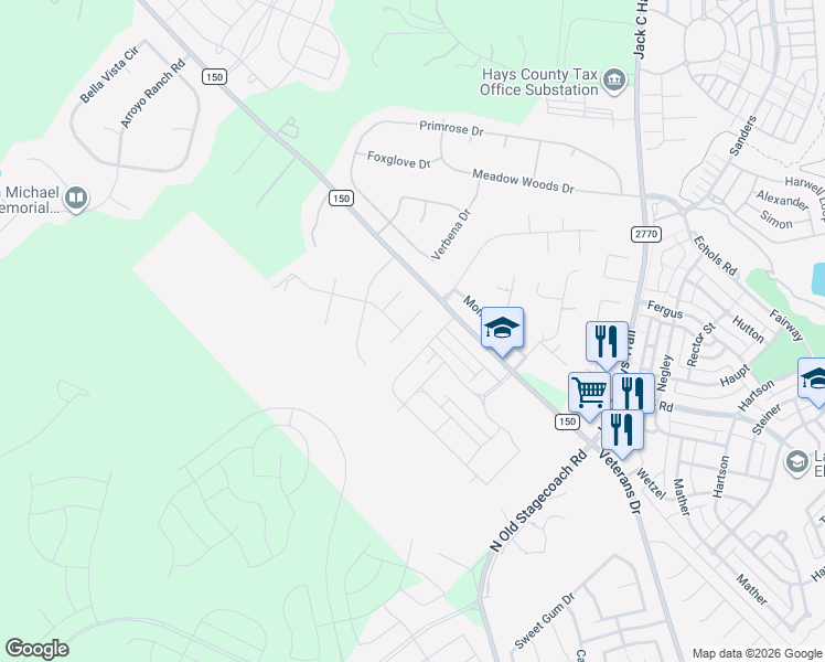 map of restaurants, bars, coffee shops, grocery stores, and more near 107 Julia Cove in Kyle