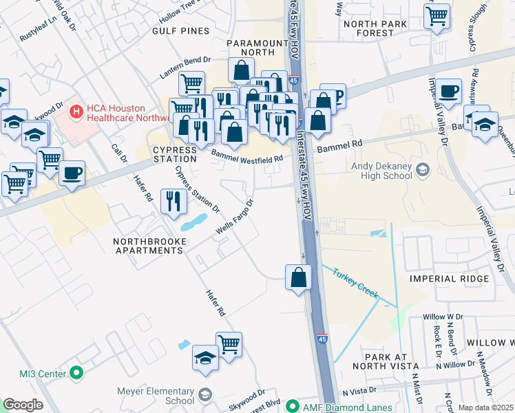 map of restaurants, bars, coffee shops, grocery stores, and more near 301 Wells Fargo Drive in Houston