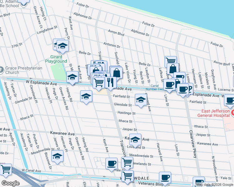 map of restaurants, bars, coffee shops, grocery stores, and more near 4912 West Esplanade Avenue in Metairie