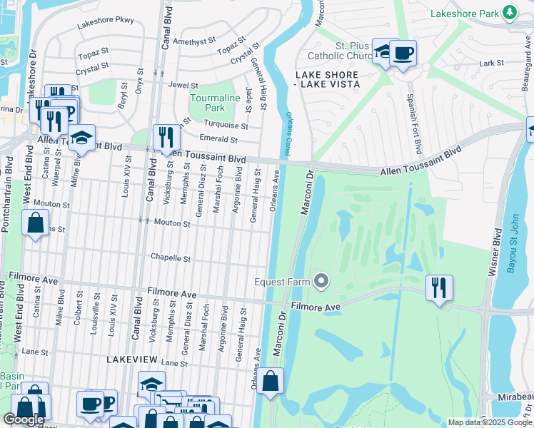 map of restaurants, bars, coffee shops, grocery stores, and more near 6968 Orleans Avenue in New Orleans