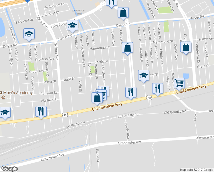 map of restaurants, bars, coffee shops, grocery stores, and more near 4528 Eastview Drive in New Orleans