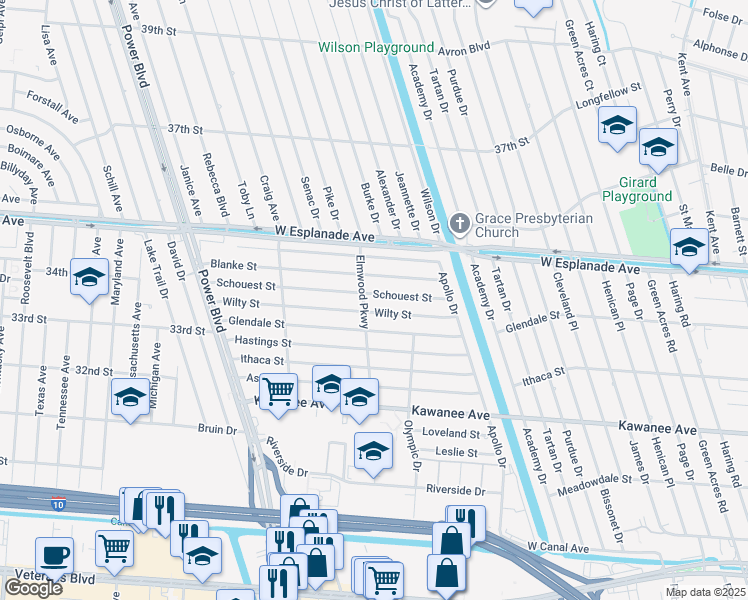 map of restaurants, bars, coffee shops, grocery stores, and more near 6601 Schouest Street in Metairie