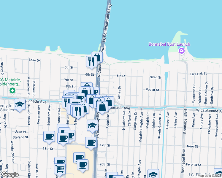 map of restaurants, bars, coffee shops, grocery stores, and more near 3721 Ridgelake Drive in Metairie