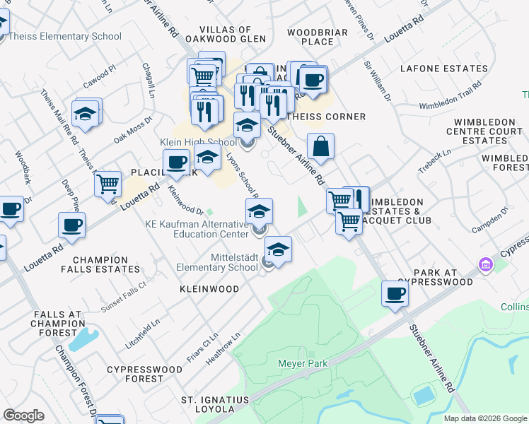map of restaurants, bars, coffee shops, grocery stores, and more near Lyons School Road in Spring