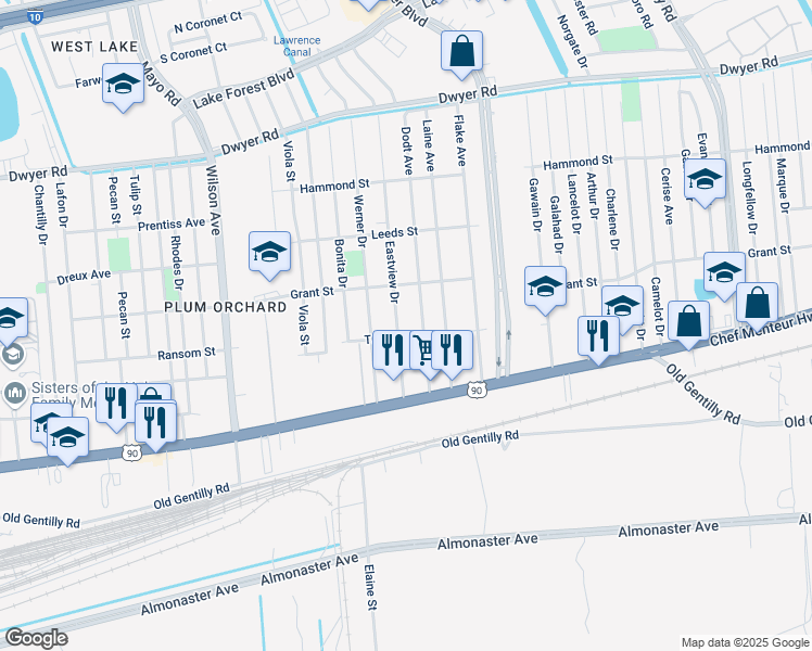 map of restaurants, bars, coffee shops, grocery stores, and more near 4528 Eastview Drive in New Orleans