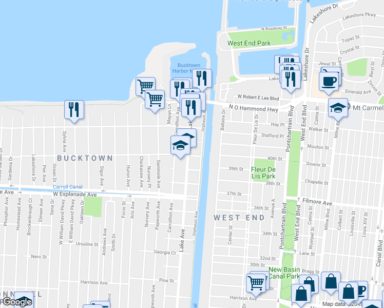map of restaurants, bars, coffee shops, grocery stores, and more near 1607 Lake Avenue in Metairie