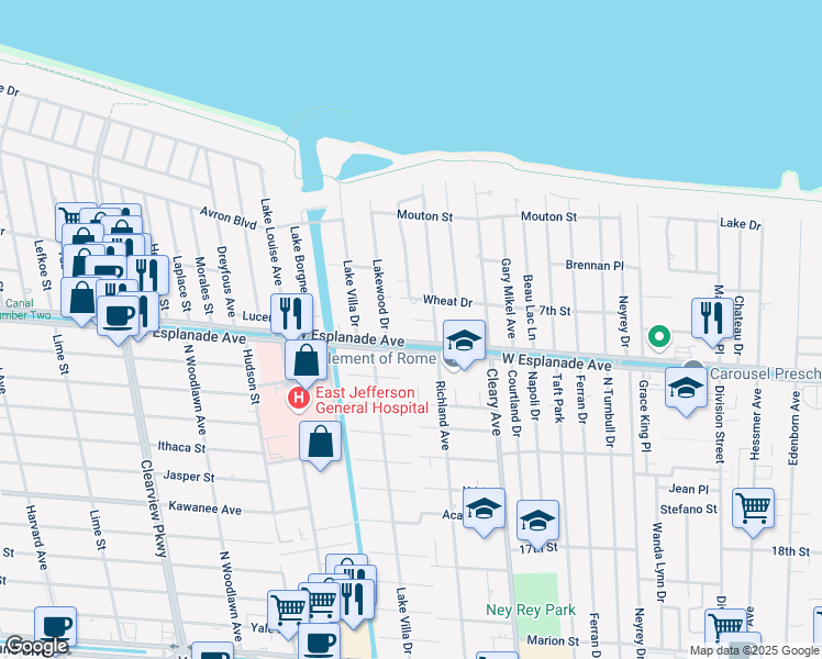 map of restaurants, bars, coffee shops, grocery stores, and more near 4016 Rue Rachele in Metairie