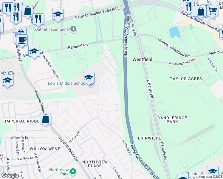 map of restaurants, bars, coffee shops, grocery stores, and more near 1615 Royal Grantham Court in Houston