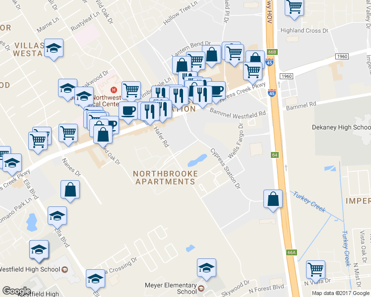 map of restaurants, bars, coffee shops, grocery stores, and more near Butterfield Road in Houston