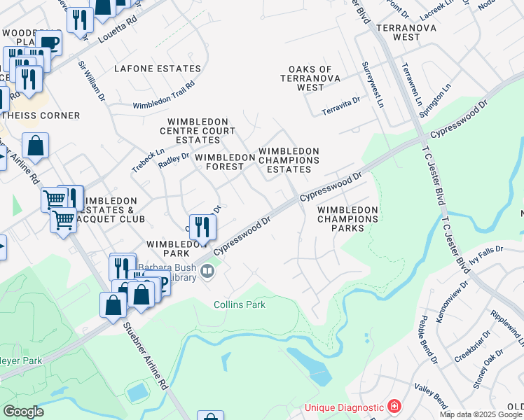 map of restaurants, bars, coffee shops, grocery stores, and more near 6420 Cypresswood Drive in Spring