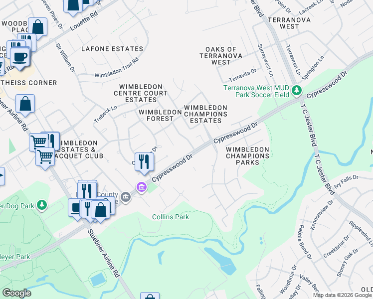 map of restaurants, bars, coffee shops, grocery stores, and more near 6420 Cypresswood Drive in Spring