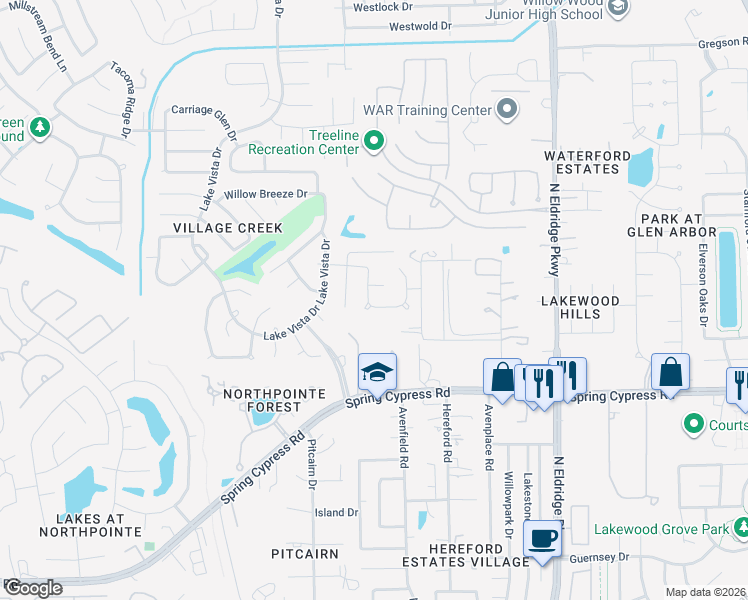 map of restaurants, bars, coffee shops, grocery stores, and more near 12415 Mossy Woods Drive in Tomball