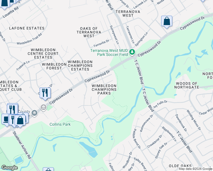 map of restaurants, bars, coffee shops, grocery stores, and more near 6227 Borg Breakpoint Drive in Spring