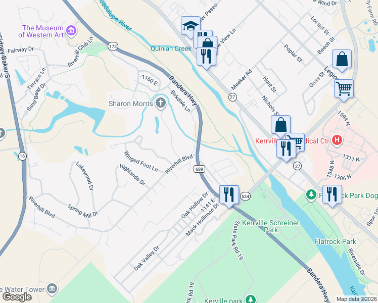 map of restaurants, bars, coffee shops, grocery stores, and more near 2621 Calle Del Roble in Kerrville