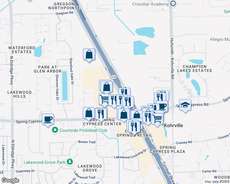 map of restaurants, bars, coffee shops, grocery stores, and more near 22703 Tomball Parkway in Tomball