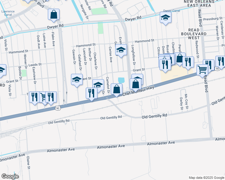 map of restaurants, bars, coffee shops, grocery stores, and more near 4442 Camelot Drive in New Orleans